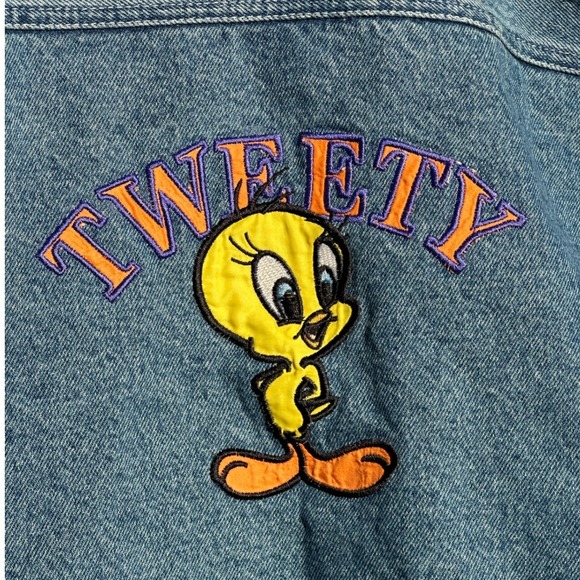 Vintage Tweety Bird Denim Jacket Looney Tunes Embroidered Warner Bros M/L 90s - Picture 2 of 6
